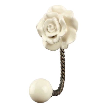 Cream Rose Flower Ceramic Wall Hook in Antique Fitting 